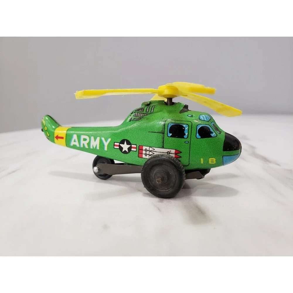 1950's Tin Litho ARMY HELICOPTER Green Small Metal Toy-Made In Japan‎
